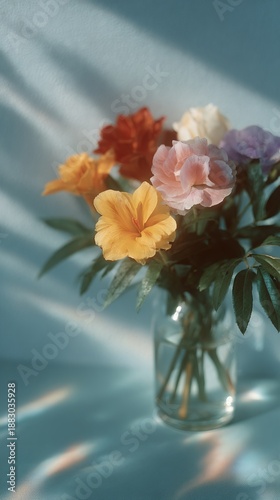 Vase of flowers with a blue background