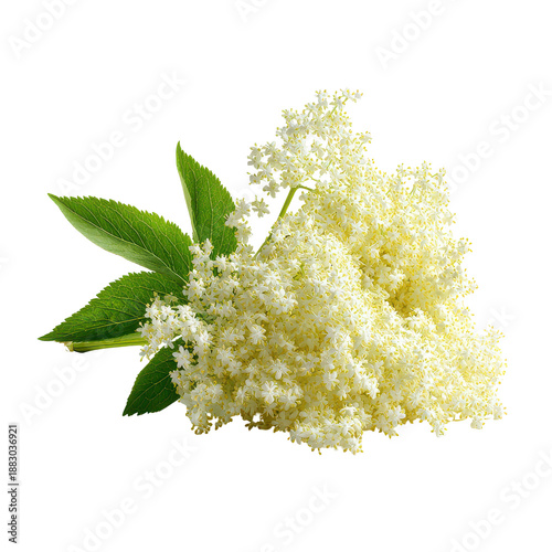 White elderflower blooms and green leaves display on a plain background during spring harvest season