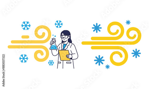 Scientist studying blizzard wind and snowflakes in flat design