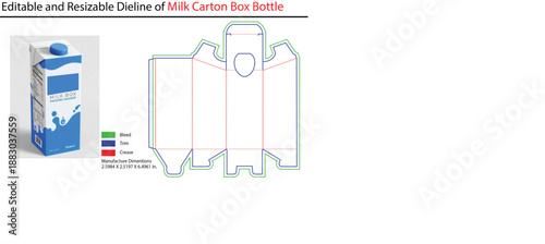 Editable and Resizable Dieline of Milk Carton Box Bottle with Dimensions