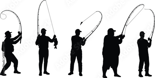 Black silhouette set of fishermen casting rods showing different fishing actions isolated on white background, outdoor hobby, angling sport illustration collection design art