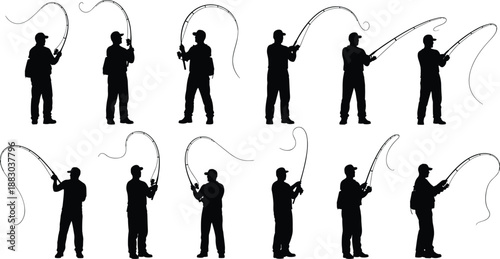 Black silhouette set of fishermen casting fishing rods, fly fishing actions and angling poses, outdoor sport activity collection isolated on white background illustration