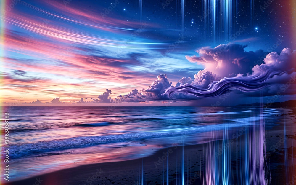 Fototapeta premium Vibrant sunset over ocean, surreal clouds, neon hues, digital glitch effects on beach.