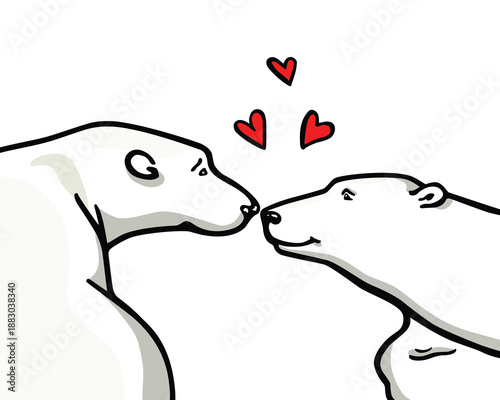 Vector card with hand drawn two cute polar bears in love. Beautiful design elements, ink drawing, funny romantic illustration. Perfect for Valentine's day celebration.