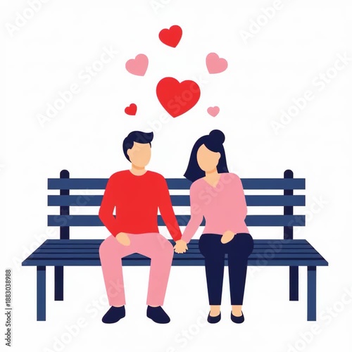 Romantic Couple Holding Hands on a Bench with Hearts Floating Above - A Symbol of Love and Connection
