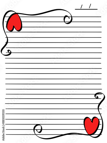 Illustration of a sheet of lined paper with hearts on a white background