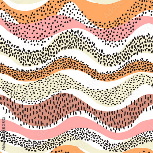 Colorful grunge grainy textured wavy seamless pattern. Abstract doodle wave background. Wavy squiggle doodles texture print. Vector illustration for wallpaper design, fabric textile, paper wrapping