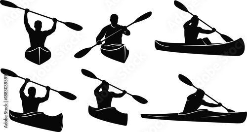Black silhouette set of kayaking and canoeing athletes paddling boats in dynamic water sport poses isolated on white background vector illustration collection design