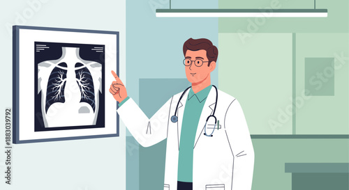 Radiologist examining chest X-ray in medical office for educational content in radiology and healthcare training
