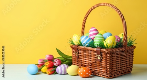 Colorful easter eggs in a wicker basket on a yellow background with grass and decorations