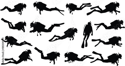 Black silhouette set of scuba divers swimming underwater in multiple floating positions, showing diving equipment and motion isolated on white background illustration collection