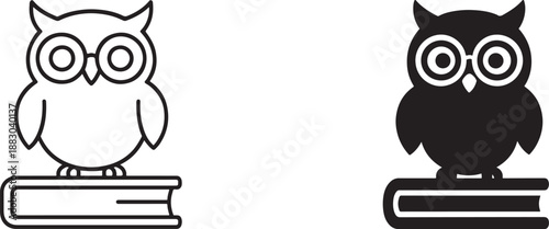 Wise owl wearing glasses perched on a book silhouette in bold outline vector style.