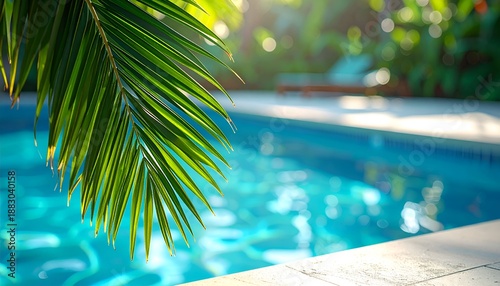 A serene pool surrounded by lush greenery, with sunlight reflecting off the water surface