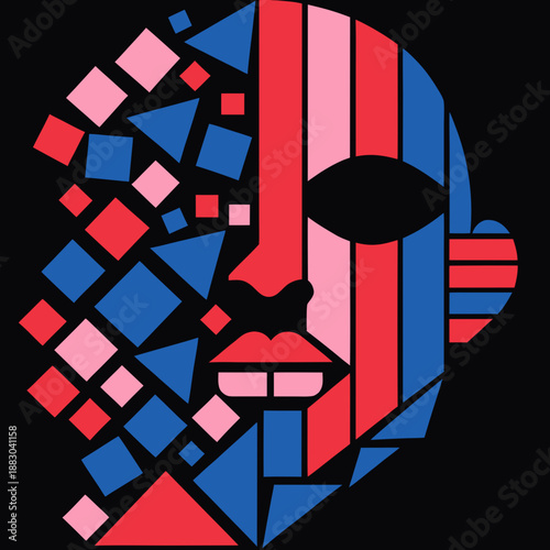 Geometric illustration of a human face with abstract shapes and vibrant colors from a frontal viewpoint