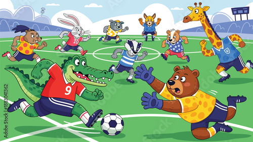 Exciting cartoon illustration of anthropomorphic animals engaged in a lively soccer match on a vibrant green field under a clear blue sky, showing teamwork and competition.