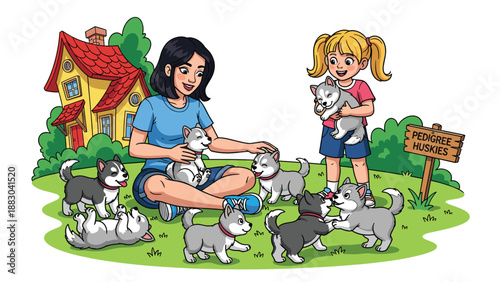 Delightful scene featuring a woman and a young girl happily playing with a playful litter of husky puppies in a grassy outdoor setting, near a house and a "Pedigree Huskies" sign.