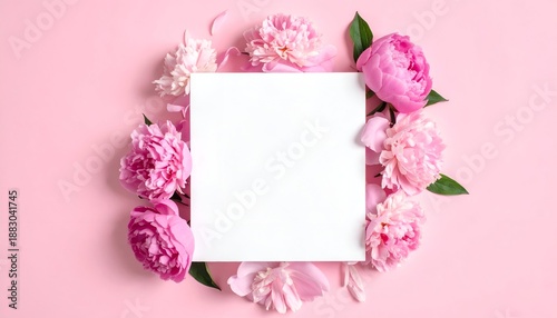 A blank square surrounded by vibrant pink peonies on a soft pink background