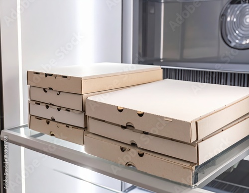 Stacked pizza boxes in refrigerator for food storage