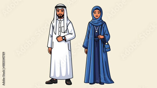 Elegant illustration of a cartoon-style Arab couple, featuring a man in traditional white thobe and ghutra, and a woman in a blue abaya and hijab, representing cultural attire.
