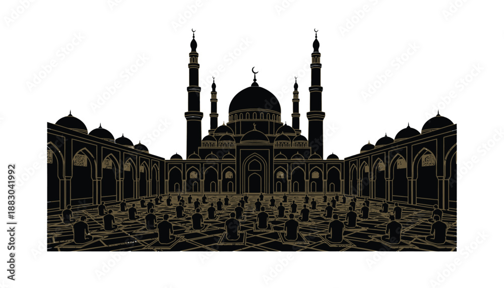 Naklejka premium Islamic mosque silhouette with praying people, Muslim congregation in courtyard, EPS vector isolated on White Background