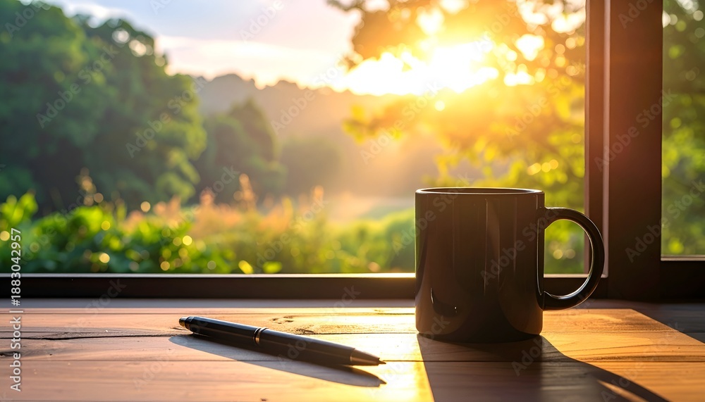 Fototapeta premium A warm morning light spills through a window, illuminating a mug and a pen on a wooden table