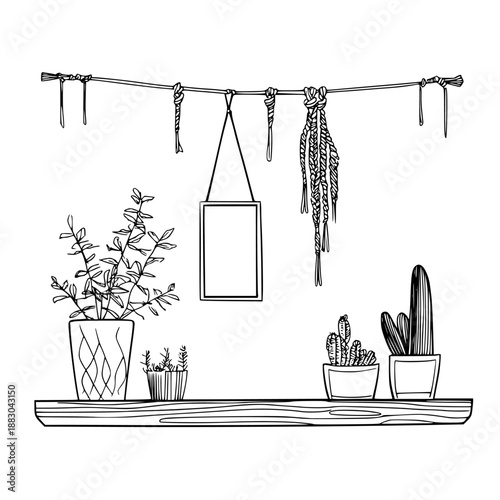 Rustic Charm: Vintage Plant Hangers Rope, Handcrafted Macrame Pots, Cactus Collection | Clean, isolated vector art for creative projects.