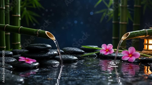 Serene spa scene with bamboo pouring water on stones and pink orchids at night