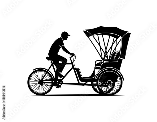black silhouette of a man riding a tricycle taxi, vector illustration, transportation icon, bike