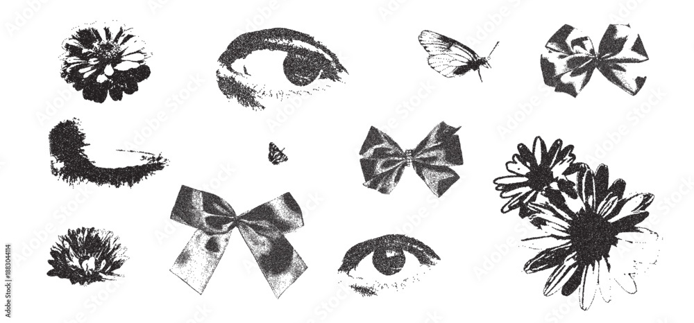 Fototapeta premium Bow, eyes, flowers photocopy vintage collage. Ribbon, daisy, butterfly halftone effect set. Dotted stippling black grunge elements. Vector y2k gritty retro coquette shapes isolated no bg.