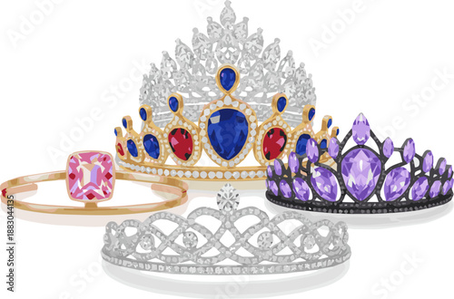 Isolated a kinds of deferent realistic Princess Diadem, Tiara isolated on white. 3d render vector art with white background.
