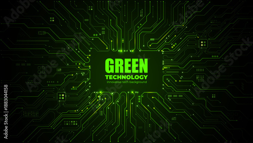 Green circuit board background with empty chip space and central text block. Digital technology pattern with electronic pathways for tech presentations. Digital vector illustration