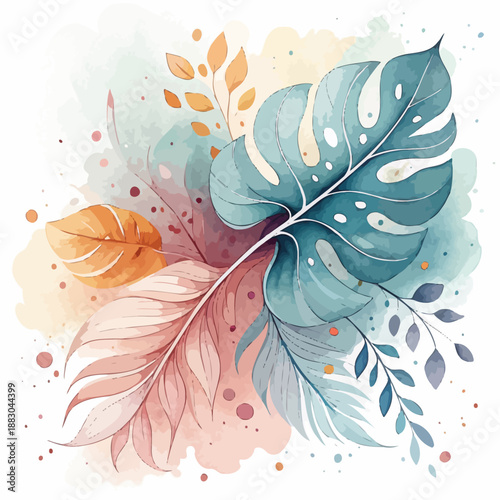 A colorful watercolor painting of tropical leaves on a white background