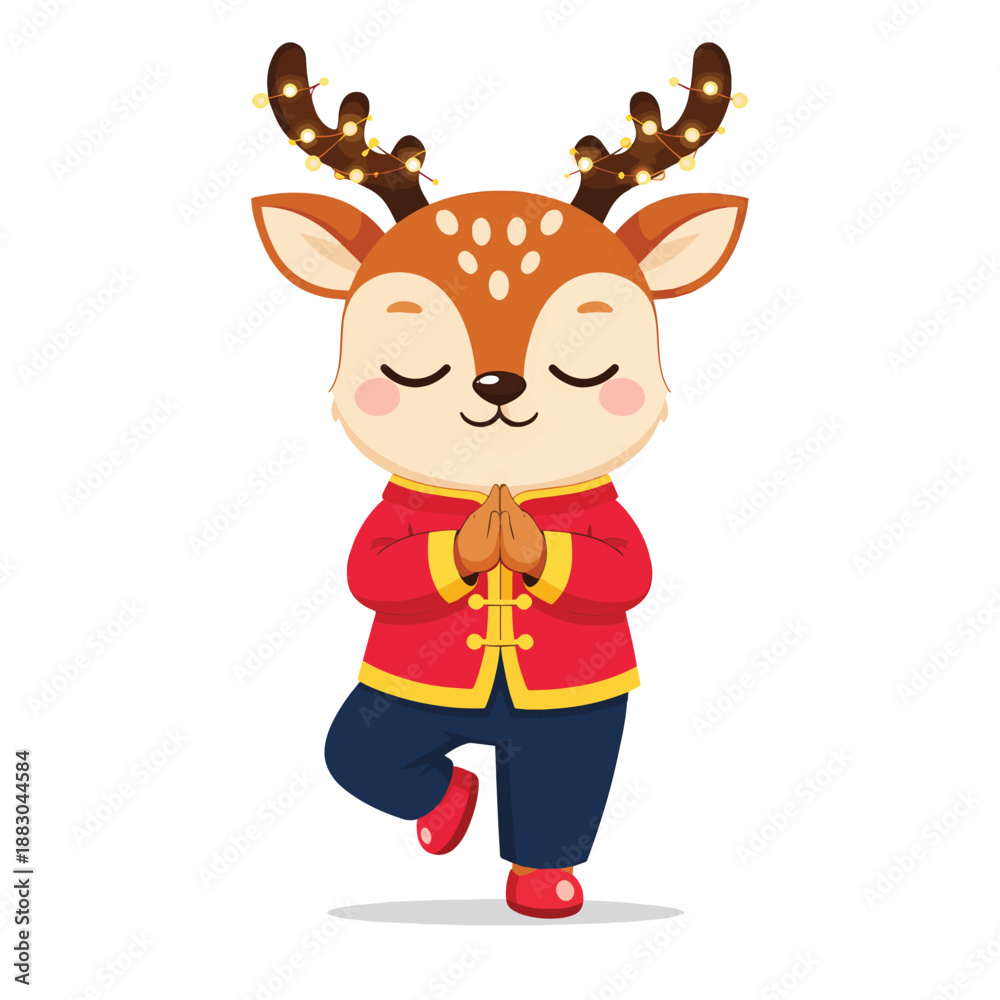 Fototapeta premium Cute cartoon deer in traditional Chinese attire doing a yoga pose with festive lights.