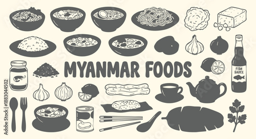 Vector collection of Myanmar cuisine with hand drawn mohinga, tea leaf salad and noodles in a doodle style. An icon set for a restaurant menu, travel guide and Southeast Asian food branding.