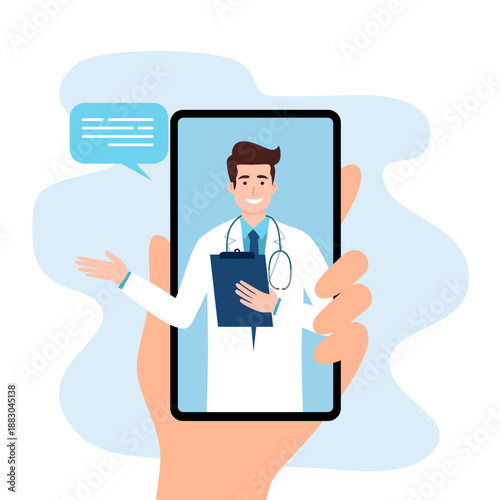 Online doctor men healthcare concept icon set. Doctor videocalling on a smartphone. Online medical services, medical consultation. Vector illustration for websites landing page templates