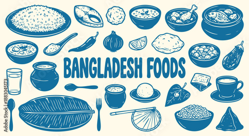 Hand drawn Bangladesh culinary doodles with fish curry, rice and bhorta in a blue sketch style. A vector illustration set for a restaurant menu, travel guide and South Asian food branding.