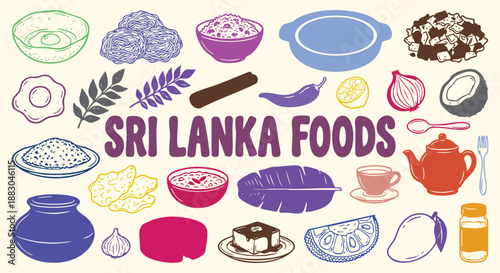 Sri Lanka food icons set with hand drawn hoppers, curry and coconut in a colorful doodle style. A vector collection for a restaurant menu, travel guide and South Asian culinary branding.
