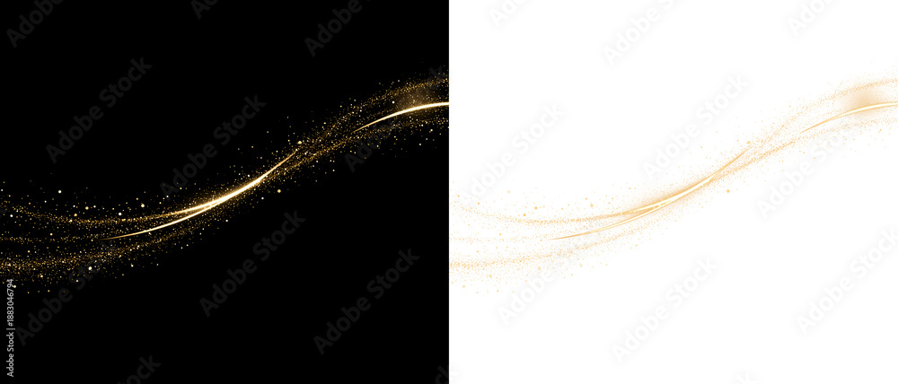 Naklejka premium Golden glitter wave with sparkling particles flowing on dark and light background. PNG image of Swirling golden glitter dust particles forming abstract circular trails.