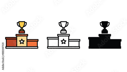 Three trophies on pedestals in different colors and styles symbolizing achievement