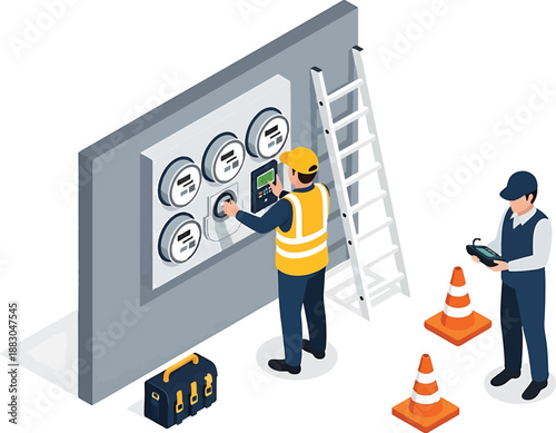 Two workers in safety gear inspecting and analyzing a large industrial control panel with traffic cones and a ladder nearby