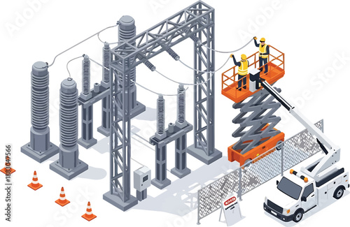 Workers on aerial lift maintain industrial power transmission tower with safety cones around