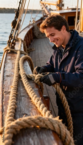 Man with smile ties knot on wooden boat deck with sea and rigging