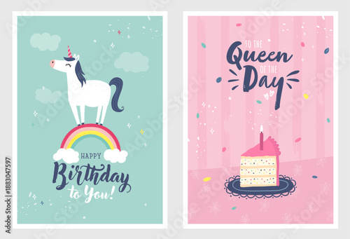 Set of birthday postcards with a unicorn, cake and hand writing. Invitations, happy birthday. Vector templates great for card, poster, flyer or banner