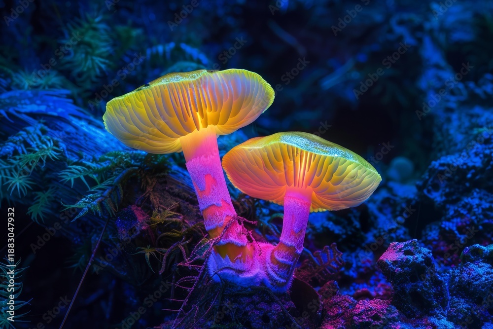 Naklejka premium Fluorescent mushrooms illuminating dark magical enchanted forest at night