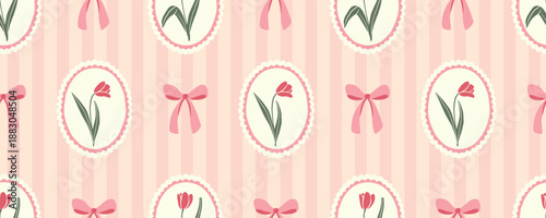 Pink coquette aesthetic seamless pattern with tulips and bows, vintage striped floral background, cute nursery wallpaper