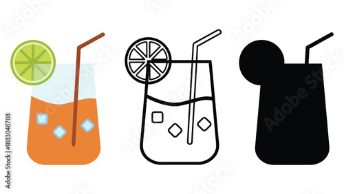 Three different illustrations of cocktails with straws and lime slices