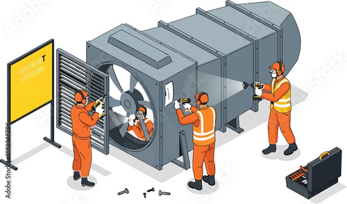 Workers in orange safety gear repair and maintain large industrial ventilation system with fan