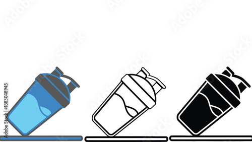 Three colorful shaker bottles for fitness and nutrition on a clean surface