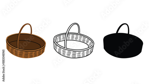 Three different illustrations of wicker baskets on a white background