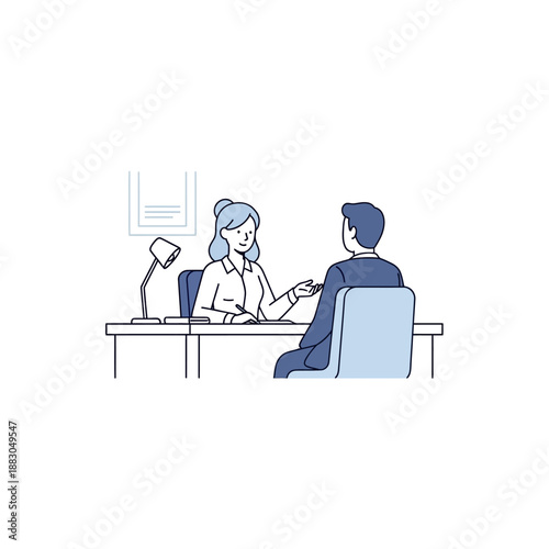 Business meeting, interview or consultation between two people in an office setting
